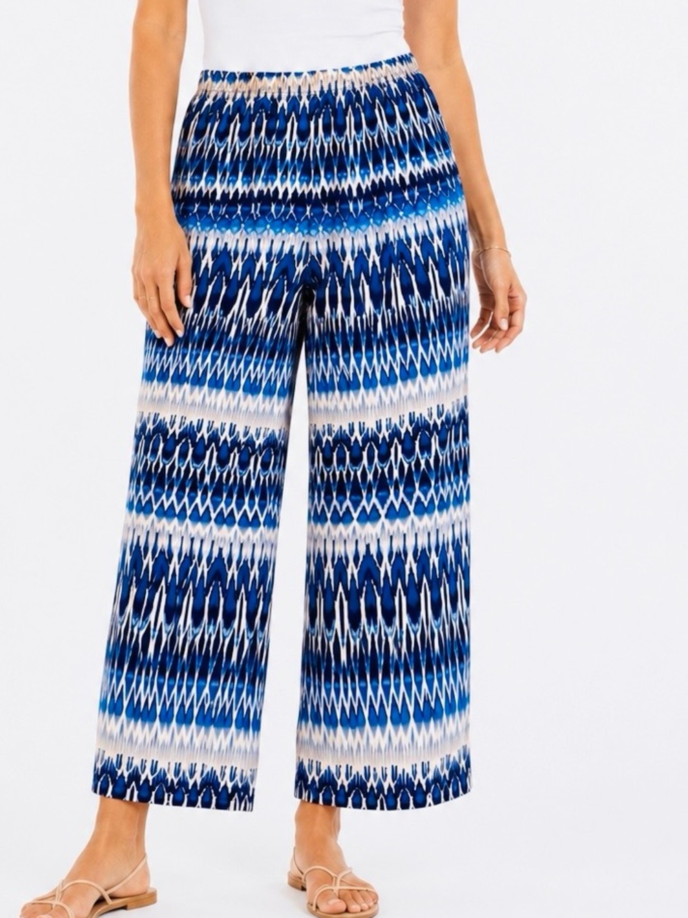 CHICO’S Flowy Cropped Blue & White Wide-Leg Pull-On Ankle Pants — #LHP